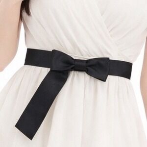 Black Grosgrain Ribbon Bow Belt‎ Silver Tone Hook Closure Sash Coquettish 47-89